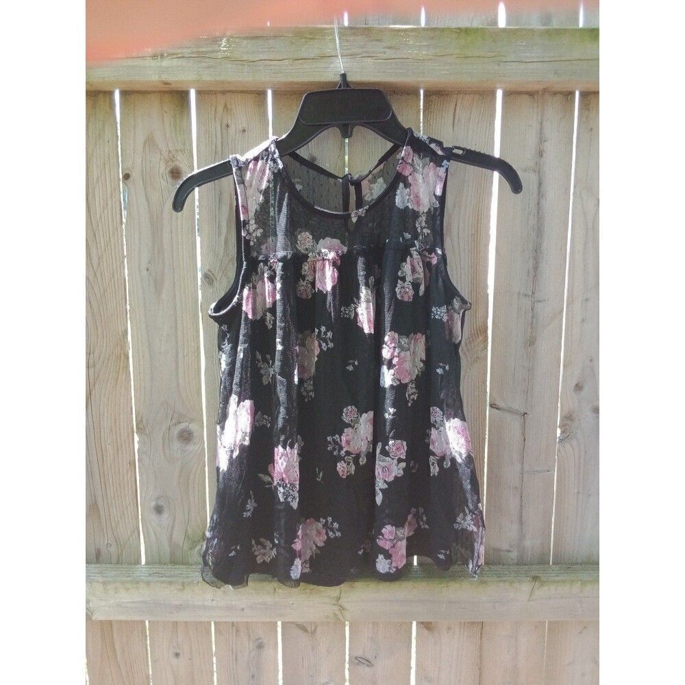 Juniors Medium 7/9 Tank Top Black & Pink Floral Sheer w/Solid Underlay